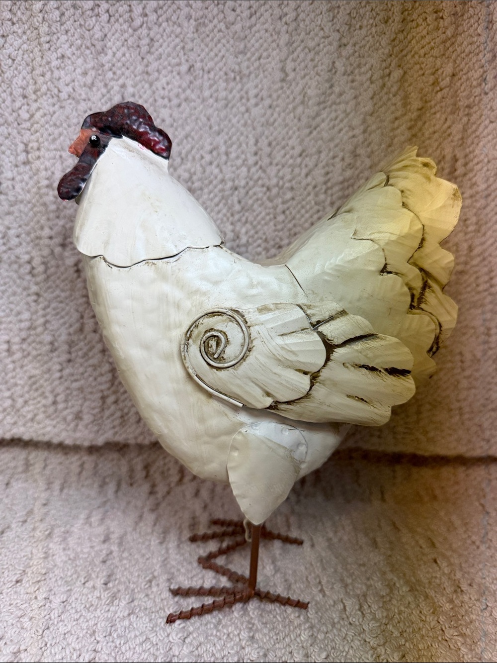 Decorative White Metal Chicken Figurine - Rustic Farmhouse Bird Decor